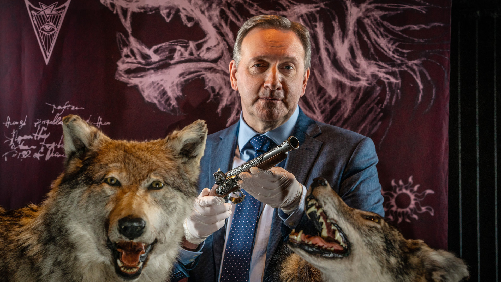 "Inspector Barnaby - Das Wolfmonster von Little Worthy": DCI John Barnaby (Neil Dudgeon) steht zwischen zwei präparierten Wölfen. Über seine Hände hat er Latex-Handschuhe gezogen und hält mit ihnen eine antike Vorderlader-Pistole vor sich.