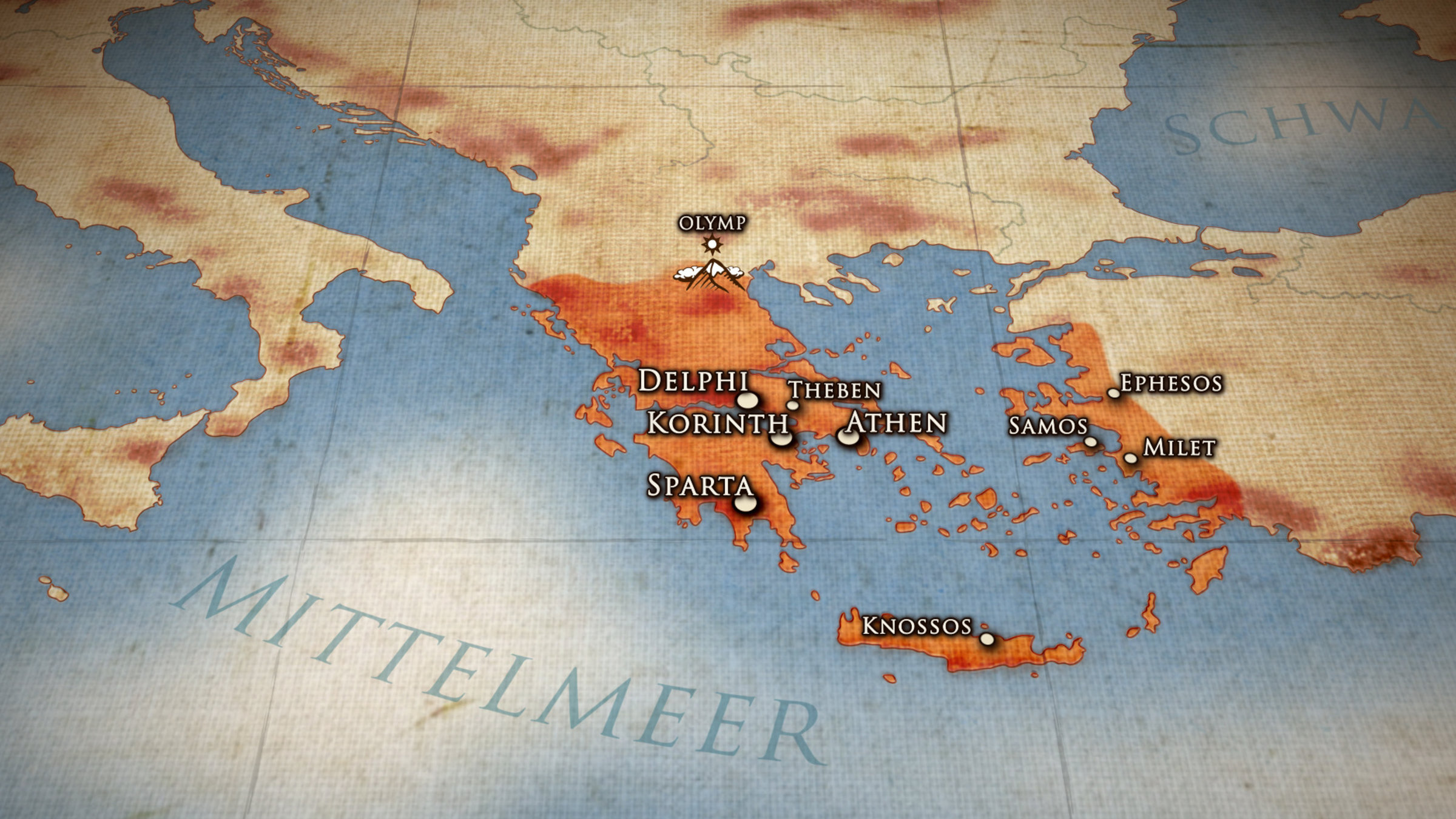 "Terra X: Große Völker: Die Griechen": Karte mit griechischen Stadtstaaten und dem Berg Olymp.