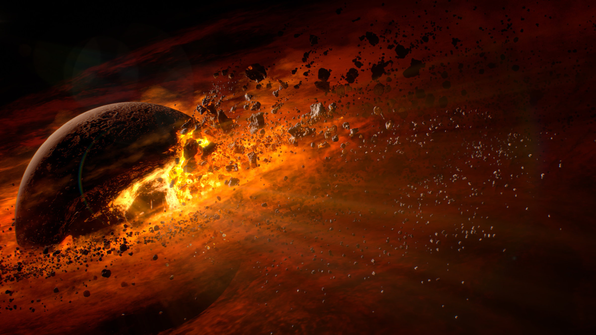 "Terra X: Der Mond - Unser magischer Trabant": Computeranimation eines glühenden Planeten, der durch die Atmosphäre fliegt.