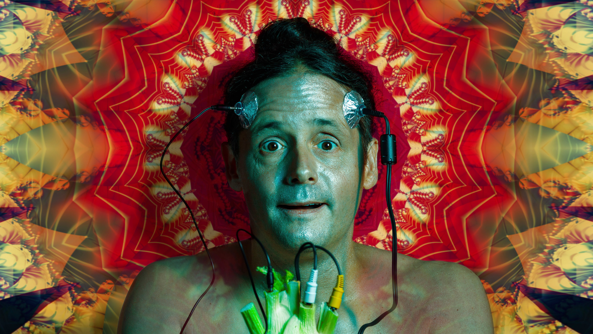 "Philipp Weber: KI: Künstliche Idioten!": Philipp Weber sitzt vor einem bunten Hintergrund. Er ist Oberkörperfrei und hält mit beiden Händen einen Fenchel, an diesem mehrere Kabel befestigt sind, die wiederum zu seinem Kopf führen und dort wie Messgeräte angebracht sind.