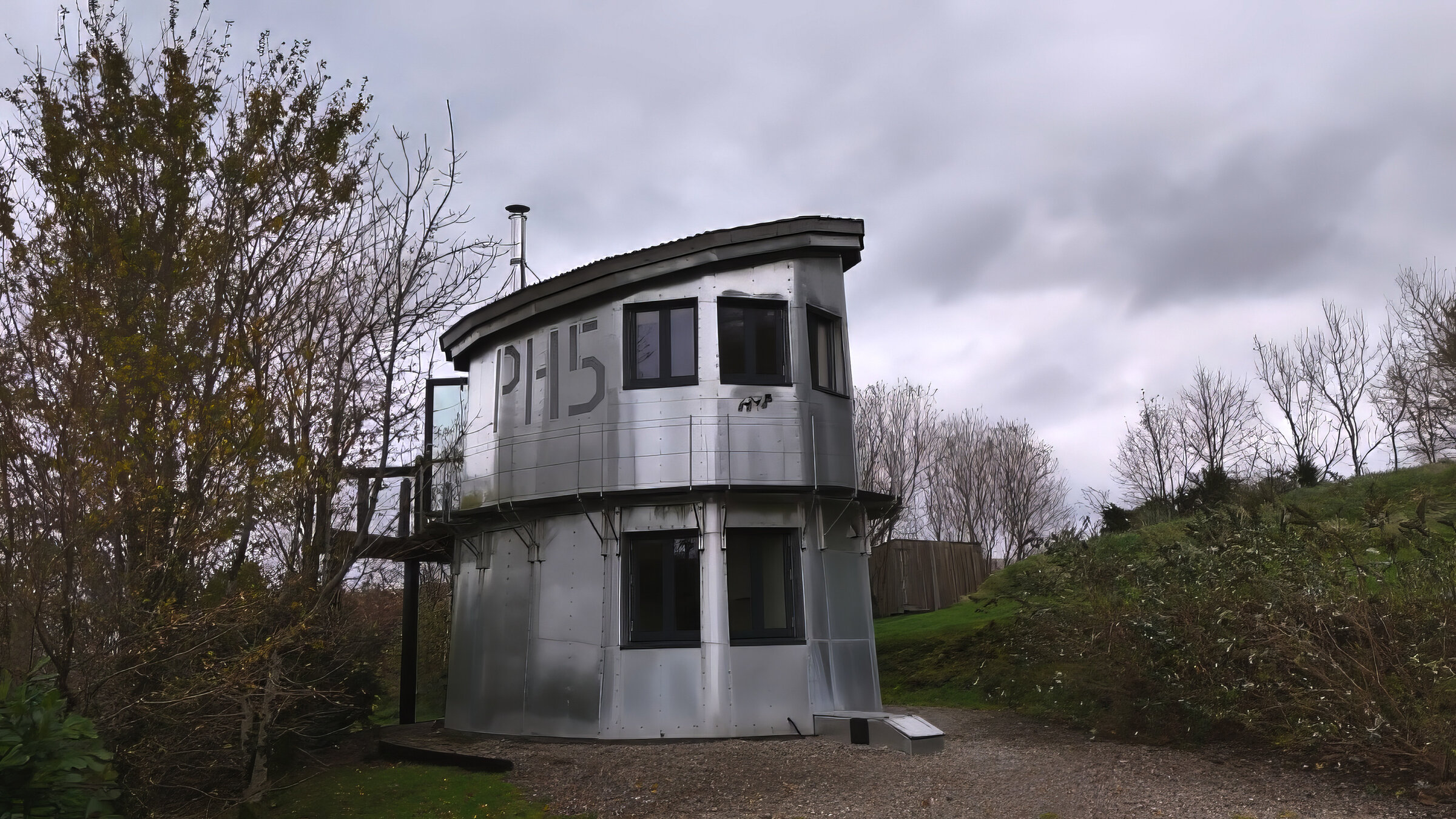 "Die außergewöhnlichsten Hotels - Natur trifft Geschichte": Silberner, zweistöckiger Wachturm mit großen Fenstern und der Nummer 'PH15' an der Seite, umgeben von Bäumen und bewölktem Himmel.