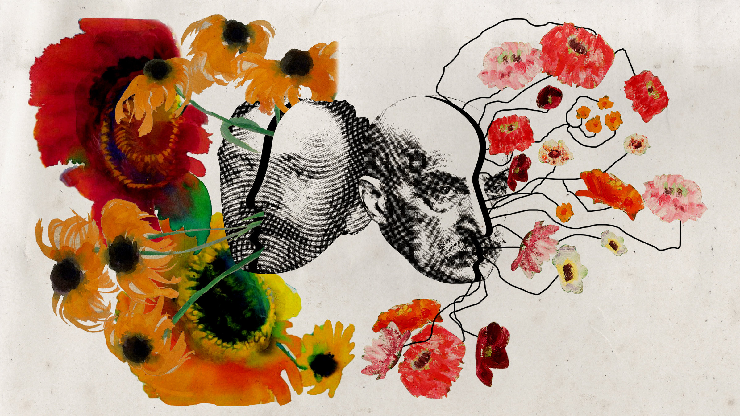 "Künstlerduelle: Nolde vs. Liebermann": In der Mitte der Grafik sind die Köpfe Nolde (links) und Liebermann (rechts). Beiden Köpfen entwachsen Blumen.