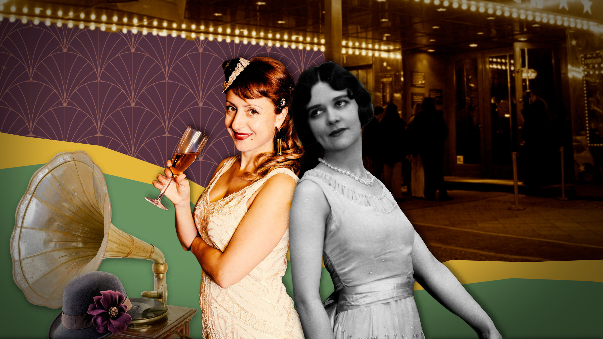 "Nostalgie“:  Eine Frau im 20er-Jahre-Kleid mit Sektglas steht Rücken an Rücken mit einer Frau aus den 20er Jahren in einem Schwarzweiß-Foto.