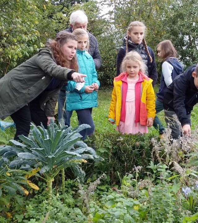 "plan b: Zwischen Wald und WLAN- Revolution im Klassenzimmer": Schulkinder und Lehrpersonal stehen vor einem Beet hinter einer Baumreihe.