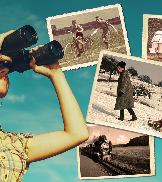 "ZDFzeit: Früher war alles besser! Oder?": Fotocollage mit einer Frau, die durch ein Fernglas schaut.