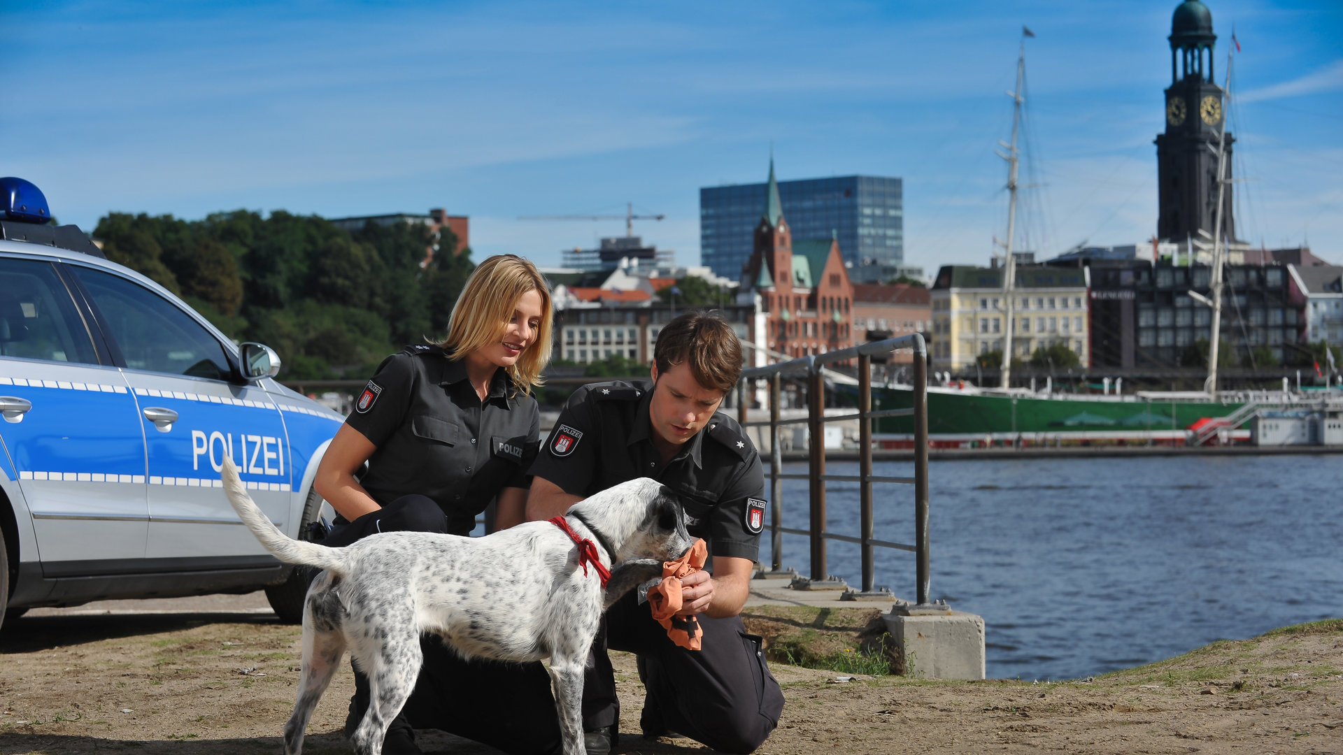 "Notruf Hafenkante - Freiwild": Melanie Hansen (Sanna Englund) und Mattes Seeler (Matthias Schloo) knien neben einem Hund am Hafen. Mattes hält etwas in der Hand, an dem der Hund riecht.
