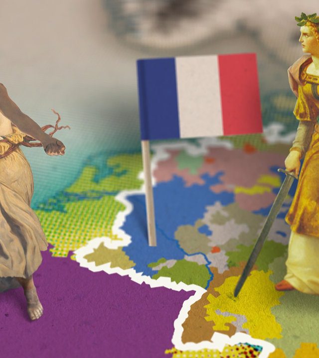 "Die glorreichen 10 - Die heftigsten Rivalitäten der Geschichte": Auf einer animierten Landkarte von Europa des 19. Jahrhunderts, stehen sich auf französischem und deutschem Boden die Nationalfiguren Marianne und Germania gegenüber.