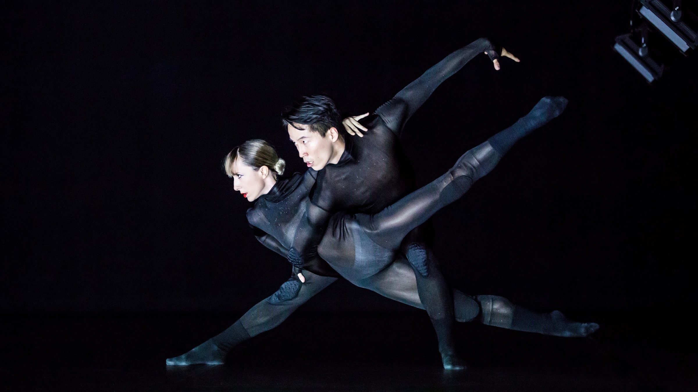 "Gauthier Dance - SWAN LAKES": Zwei schwarz gekleidete Tänzer (eine Frau und ein Mann) vor einem schwarzen Hintergrund. Sie tanzen eng umschlungen. Er steht in der Hocke, das rechte Bein nach vorne gestreckt, das linke angewinkelt, zwischen den Beinen der Tänzerin. Ihr rechtes Bein ist nach oben gestreckt und bildet eine Linie mit seinem rechten Bein.