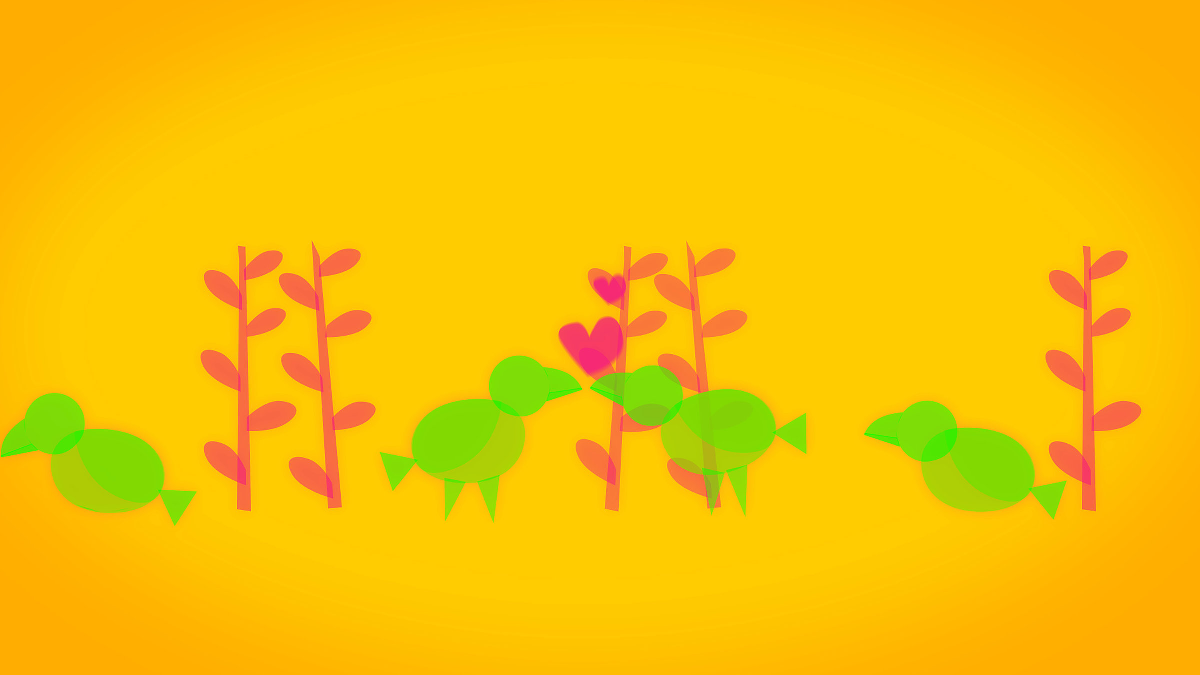 "Die glorreichen 10 - Die seltsamsten Spiele der Geschichte": Animationsgrafik: In kleinen Gebüschen hocken grüne Kakapos. In der Mitte stehen sich zwei gegenüber und Herzen steigen auf.