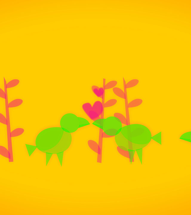 "Die glorreichen 10 - Die seltsamsten Spiele der Geschichte": Animationsgrafik: In kleinen Gebüschen hocken grüne Kakapos. In der Mitte stehen sich zwei gegenüber und Herzen steigen auf.