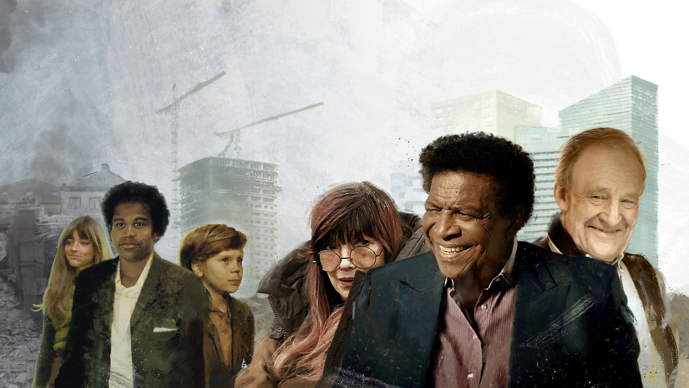 "Wir Wunderkinder - Zeit des Aufbaus": Personencollage, die Katja Ebstein, Roberto Blanco und Michael Mendl im Graphic-Novel-Style als Jugendliche und aus heutiger Sicht zeigt.