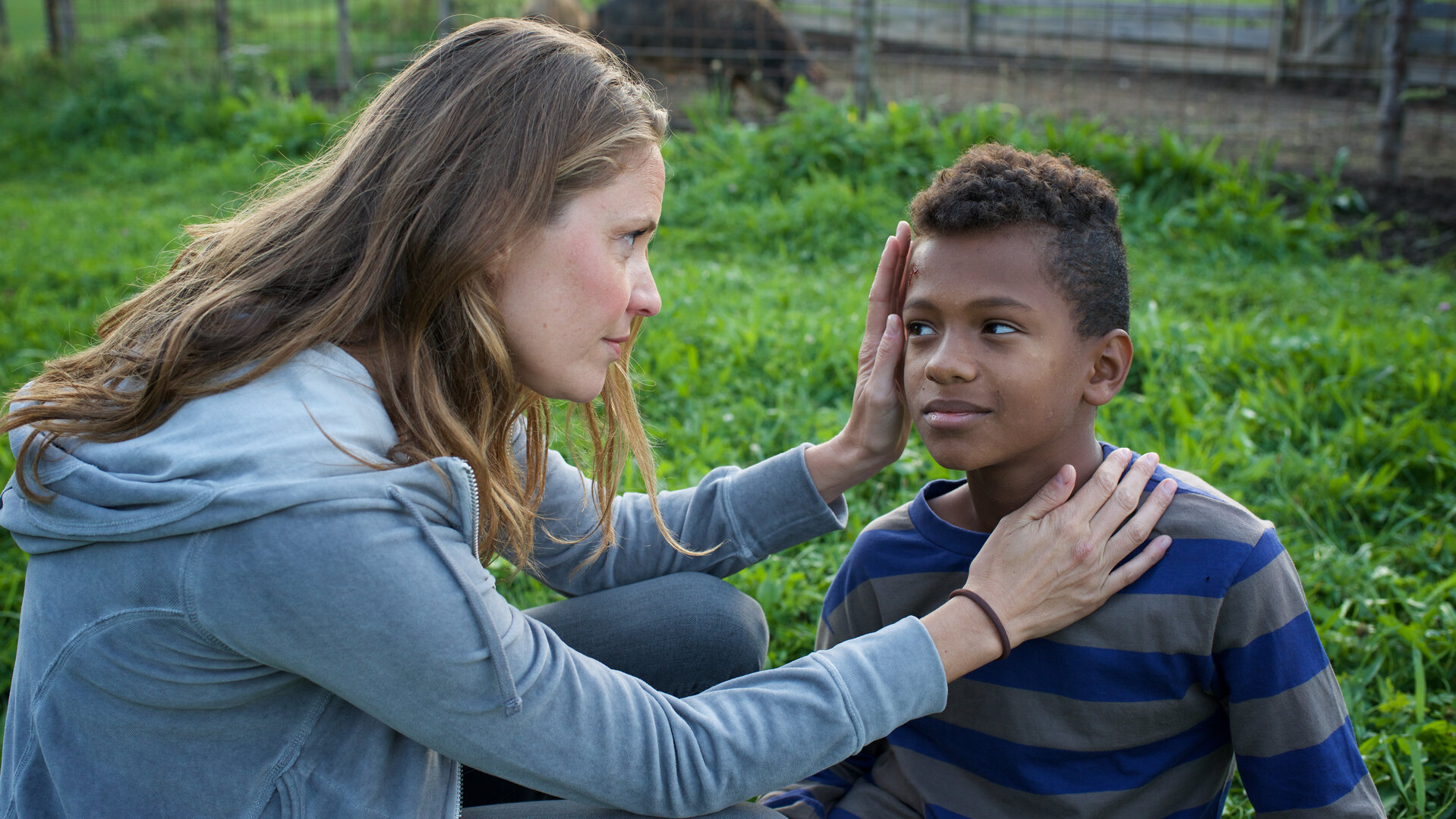 "Lena Lorenz - Von weit her": Lena Lorenz (Patricia Aulitzky) sitzt im Gras in der Hocke neben Anbessa (Ruben Felipe) und schaut sich dessen Schürfwunde an der Stirn an.