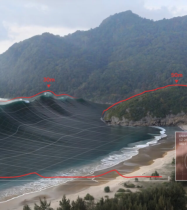 "Überlebt! Tsunami 2004": Computeranimierte Welle an real gedrehtem Strand. Die Animation zeigt die Höhe der Wasserwand am Strand von Lhoknga, Sumatra.