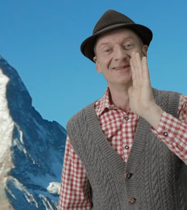 "Ziemlich beste Nachbarn - Mit Michael Kessler: Wir und die Schweizer": Grafisch animiertes Bild mit Michael Kessler als Schweizer mit dem Matterhorn im Hintergrund.
