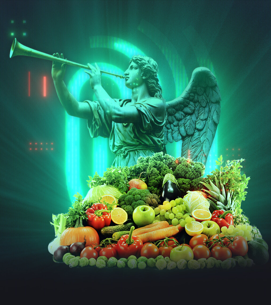 "Die Spur: Bio-Label mit Beigeschmack ": Montage: Ein großer, bunter Gemüsekorb steht vor einem Gips-Engel, der in eine Trompete pustet. Im Hintergrund leuchtet das Sendungslogo.