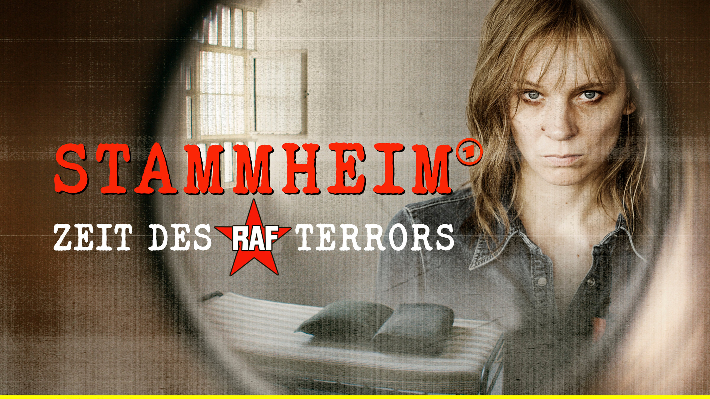 "Stammheim - Zeit des Terrors": Gudrun Ensslin (Lilith Stangenberg) mit Schriftzug "Stammheim - Zeit des Terrors".