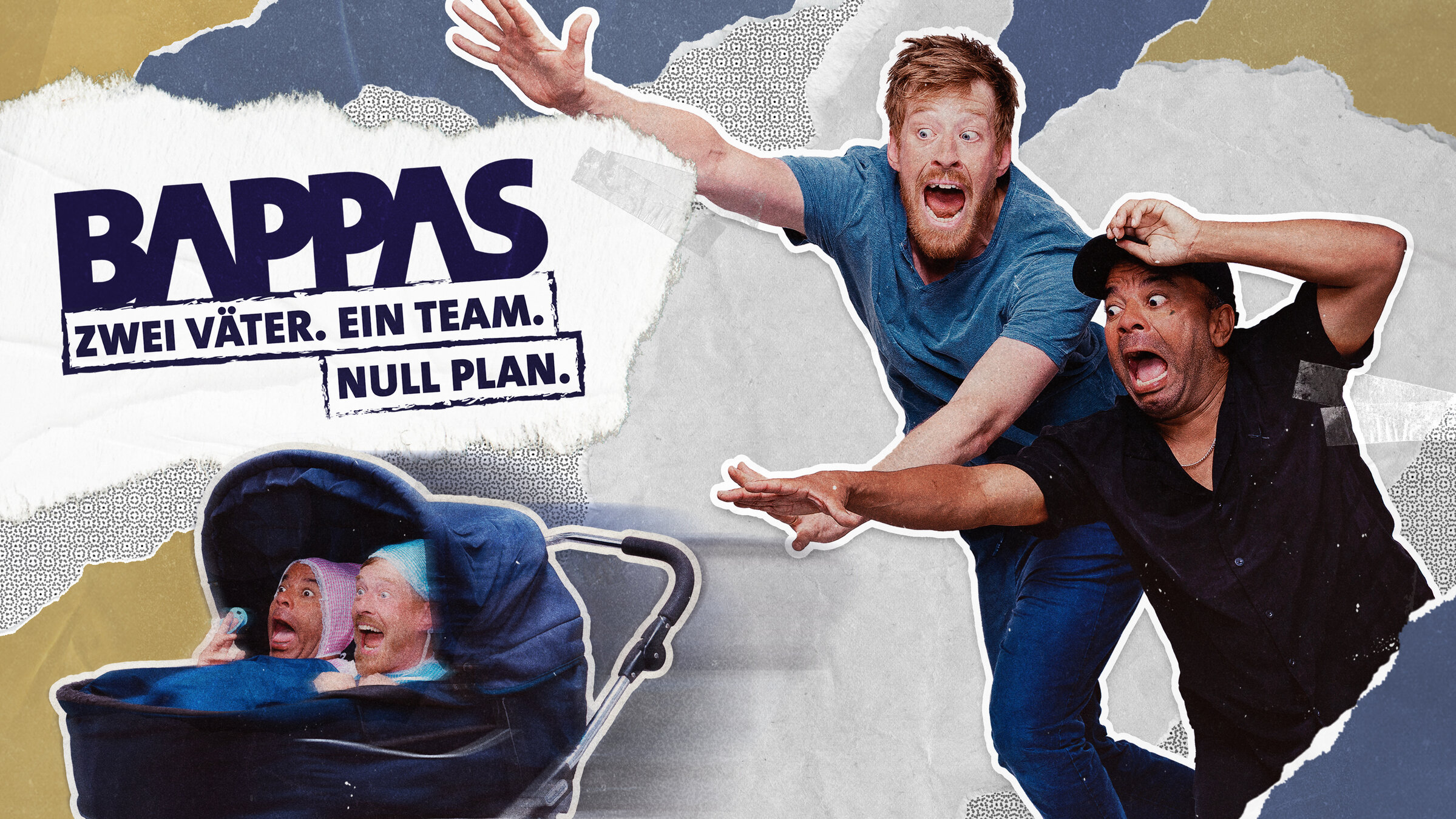 "Bappas": Key Visual mit Typo zu "Bappas - Zwei Väter. Ein Team. Null Plan." Sebastian Winkler und Simon Pearce am Set der neuen Sketch-Comedy Serie "Bappas".