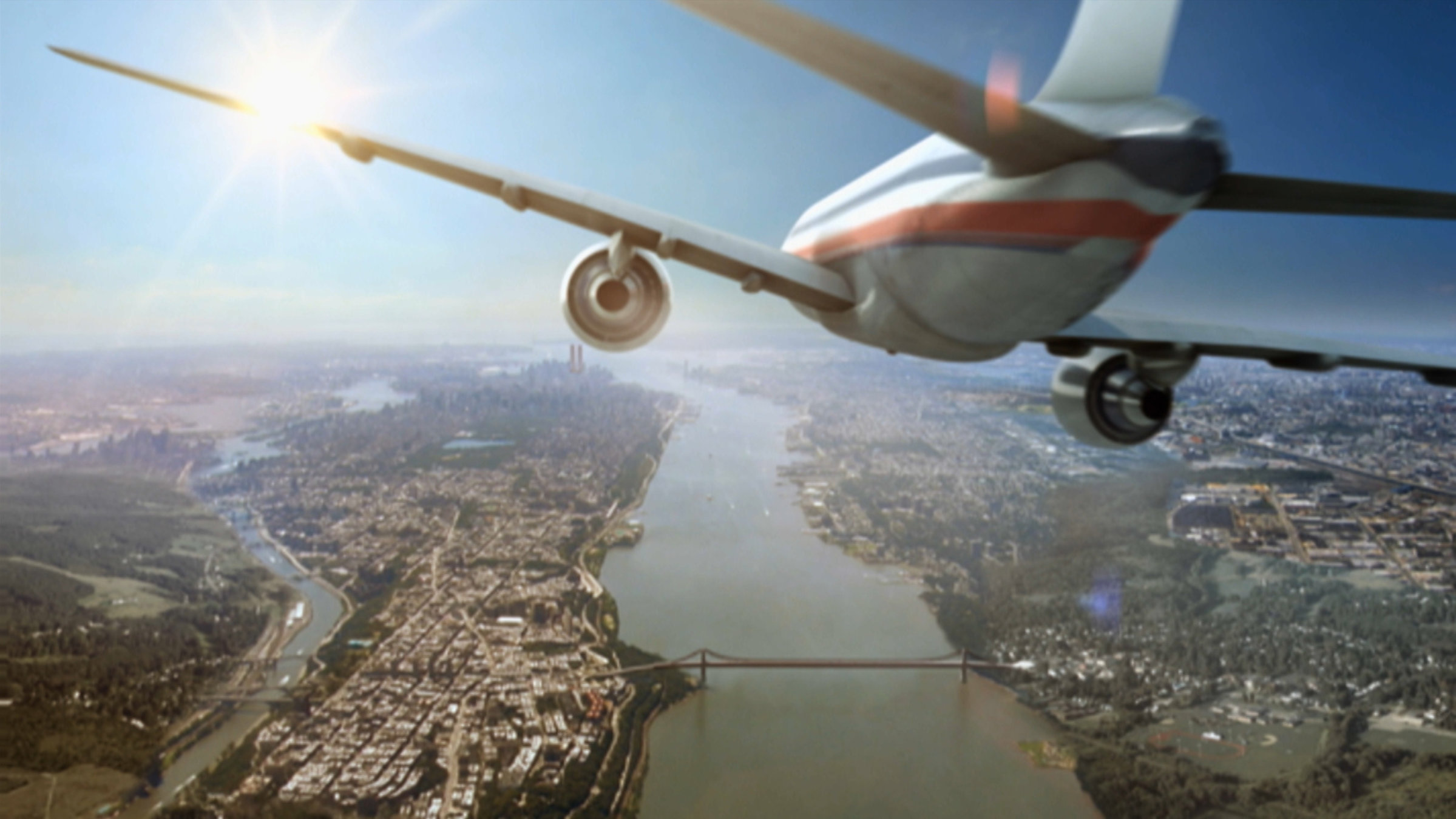 "Die glorreichen 10 - Die größten Verschwörungen der Geschichte": Animation: Ein Flugzeug über dem Hudson River (New York) fliegt auf die Twin Towers zu.