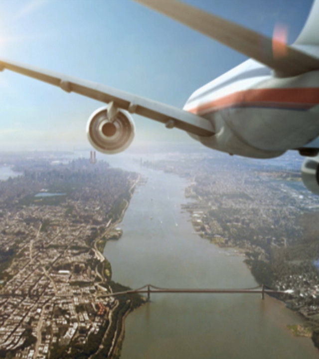 "Die glorreichen 10 - Die größten Verschwörungen der Geschichte": Animation: Ein Flugzeug über dem Hudson River (New York) fliegt auf die Twin Towers zu.