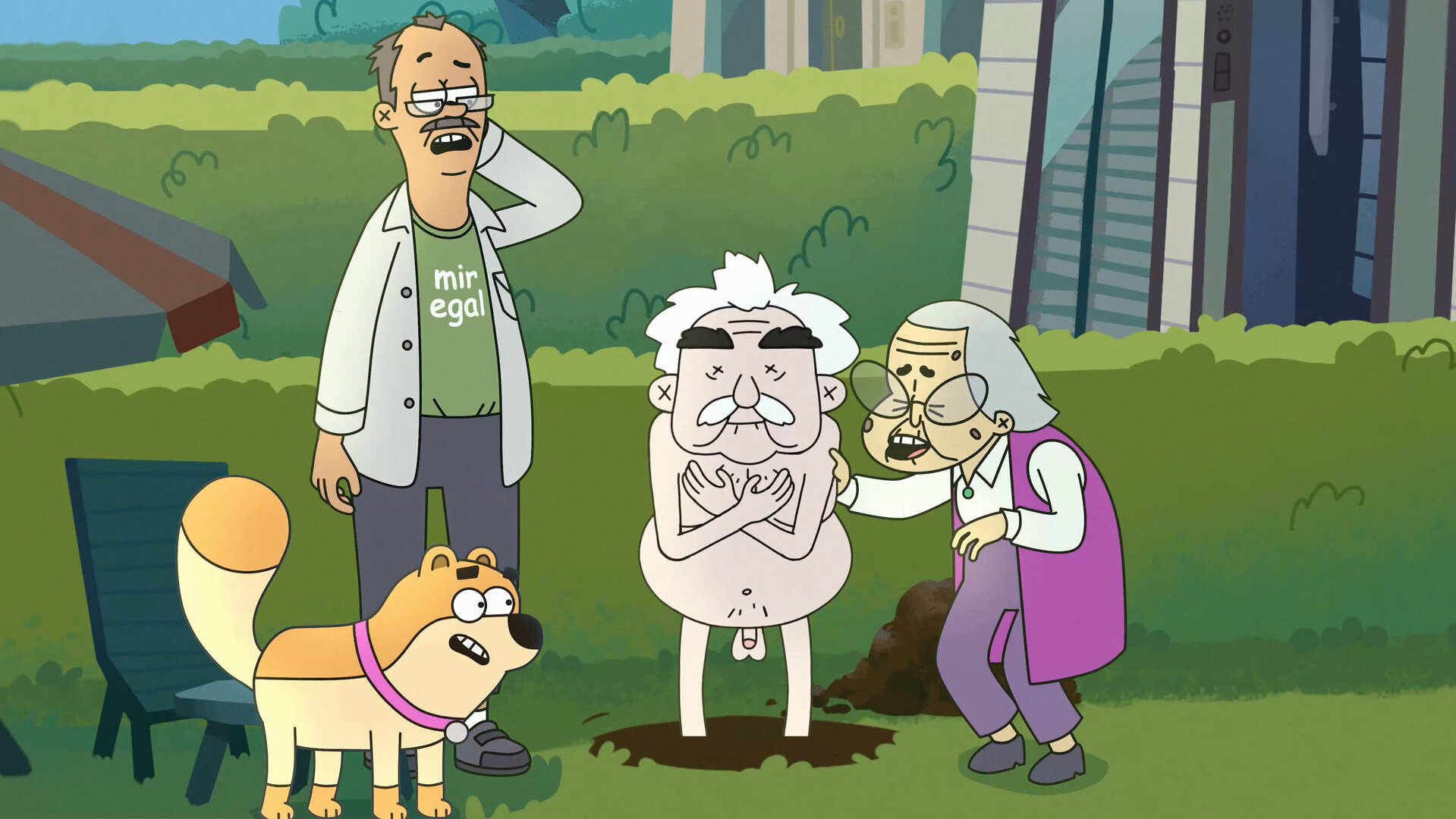 "Task Force Querlitz - §1 - Verdachtsfall mit erheblichen Zweifeln": Animation: Ullrich, Goldi und Frau Frese stehen im Garten um den nackten Herrn Frese herum.