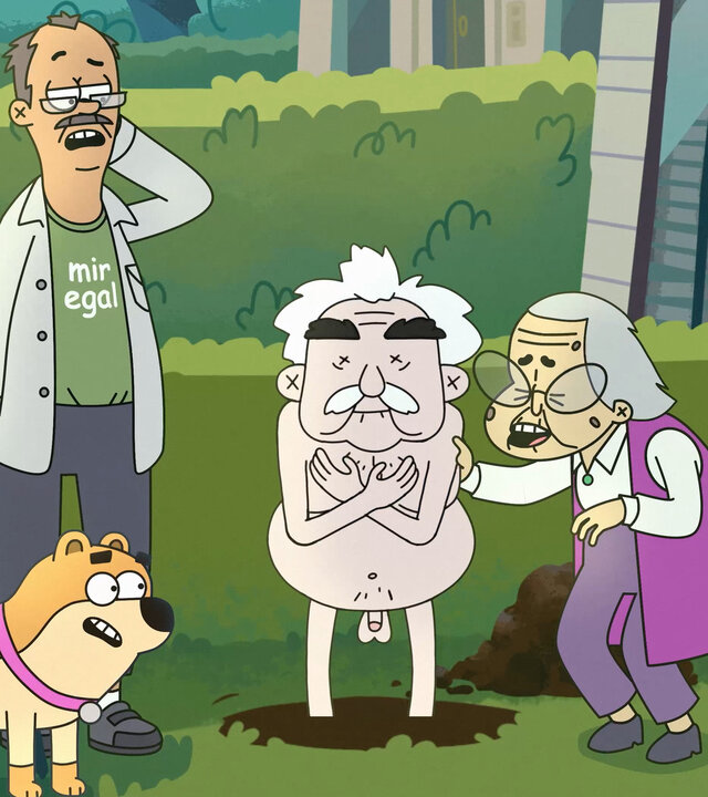 "Task Force Querlitz - §1 - Verdachtsfall mit erheblichen Zweifeln": Animation: Ullrich, Goldi und Frau Frese stehen im Garten um den nackten Herrn Frese herum.