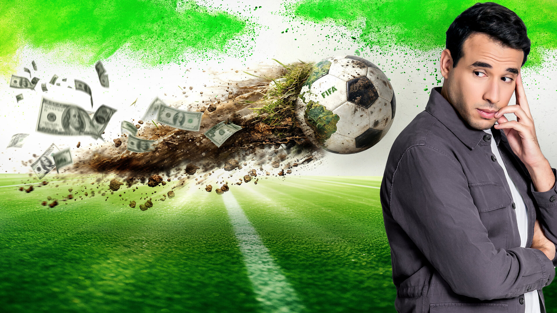 "Greenwashed? - FIFA WM 2026: Grün ist hier nur der Rasen": Montage: Ein FIFA WM-Fußball fliegt durch die Luft und zieht dabei einen Schweif aus Erde, Dreck und Geldscheinen hinter sich her. Sherif Rizkallah beobachtet die Szene nachdenklich.