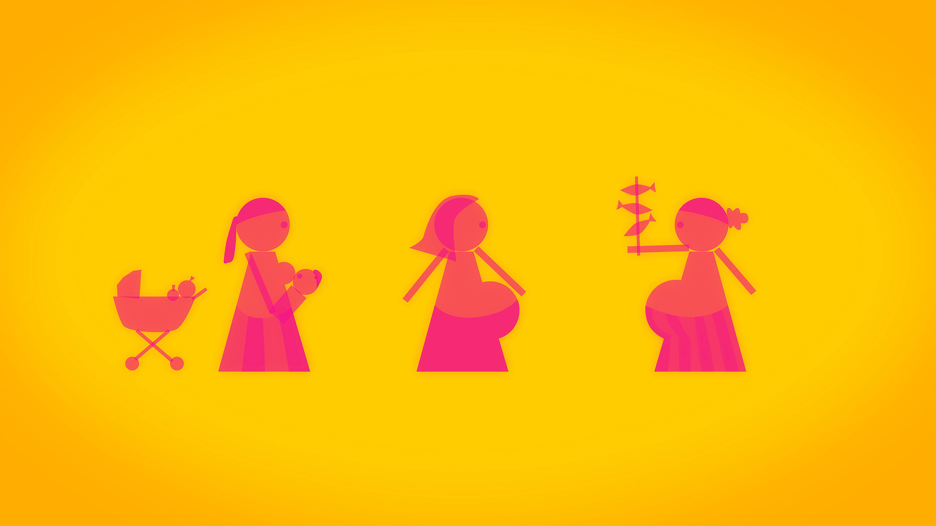 "Die glorreichen 10 - Die größten Köche der Geschichte": Grafikanimation: Drei schwangere Frauen stehen nebeneinander. Die linke säugt ihr Kind und schaut wie die Frau in der Mitte zur rechten Frau hinüber, die gerade einen Spieß mit Fischen in der Hand hält.