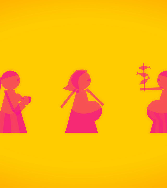 "Die glorreichen 10 - Die größten Köche der Geschichte": Grafikanimation: Drei schwangere Frauen stehen nebeneinander. Die linke säugt ihr Kind und schaut wie die Frau in der Mitte zur rechten Frau hinüber, die gerade einen Spieß mit Fischen in der Hand hält.