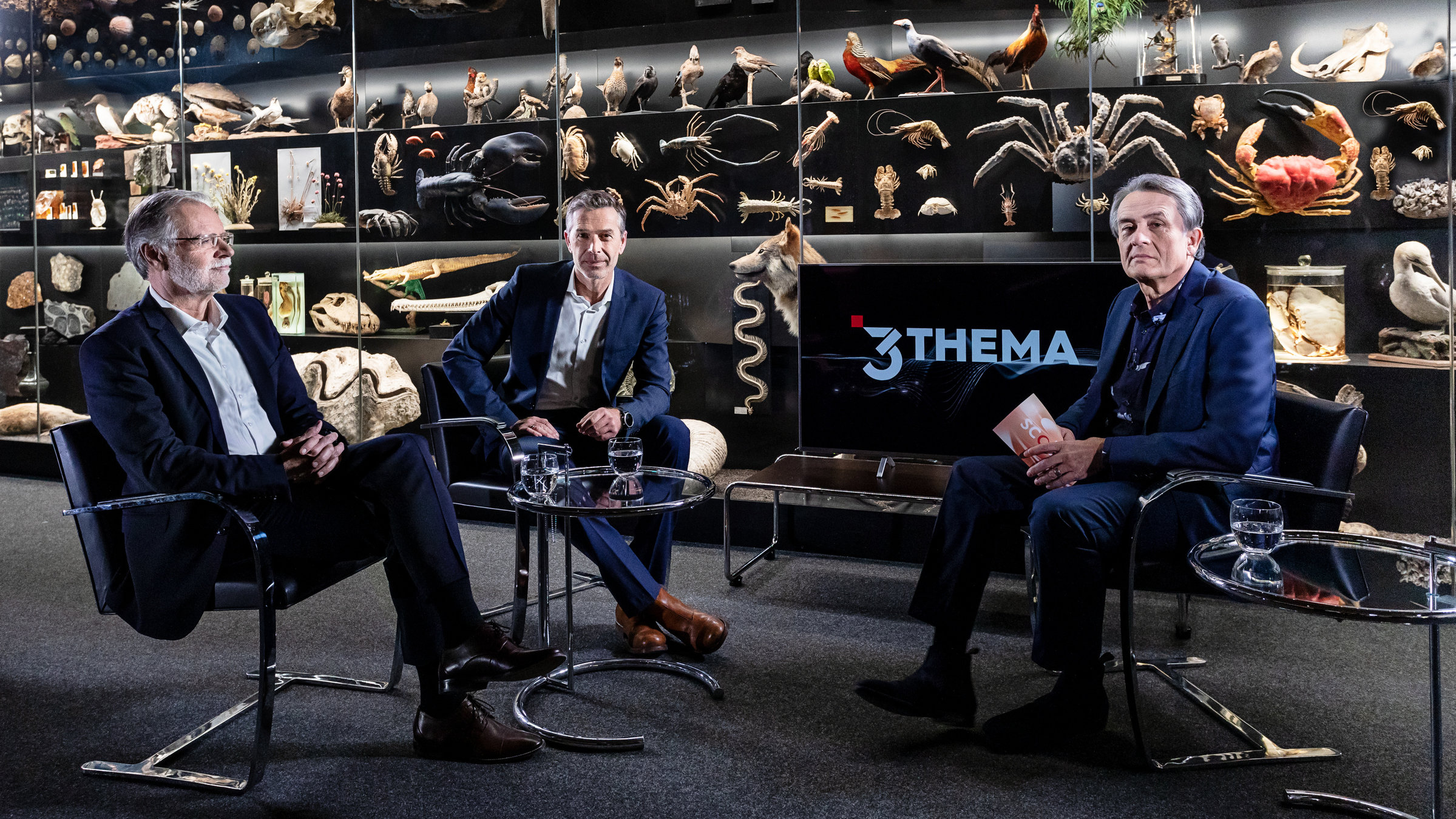 "Der 3satThema Talk - Gert Scobel im Gespräch mit Dirk Steffens und Volker Mosbrugger": Volker Mosbrugger, Dirk Steffens und Gert Scobel
