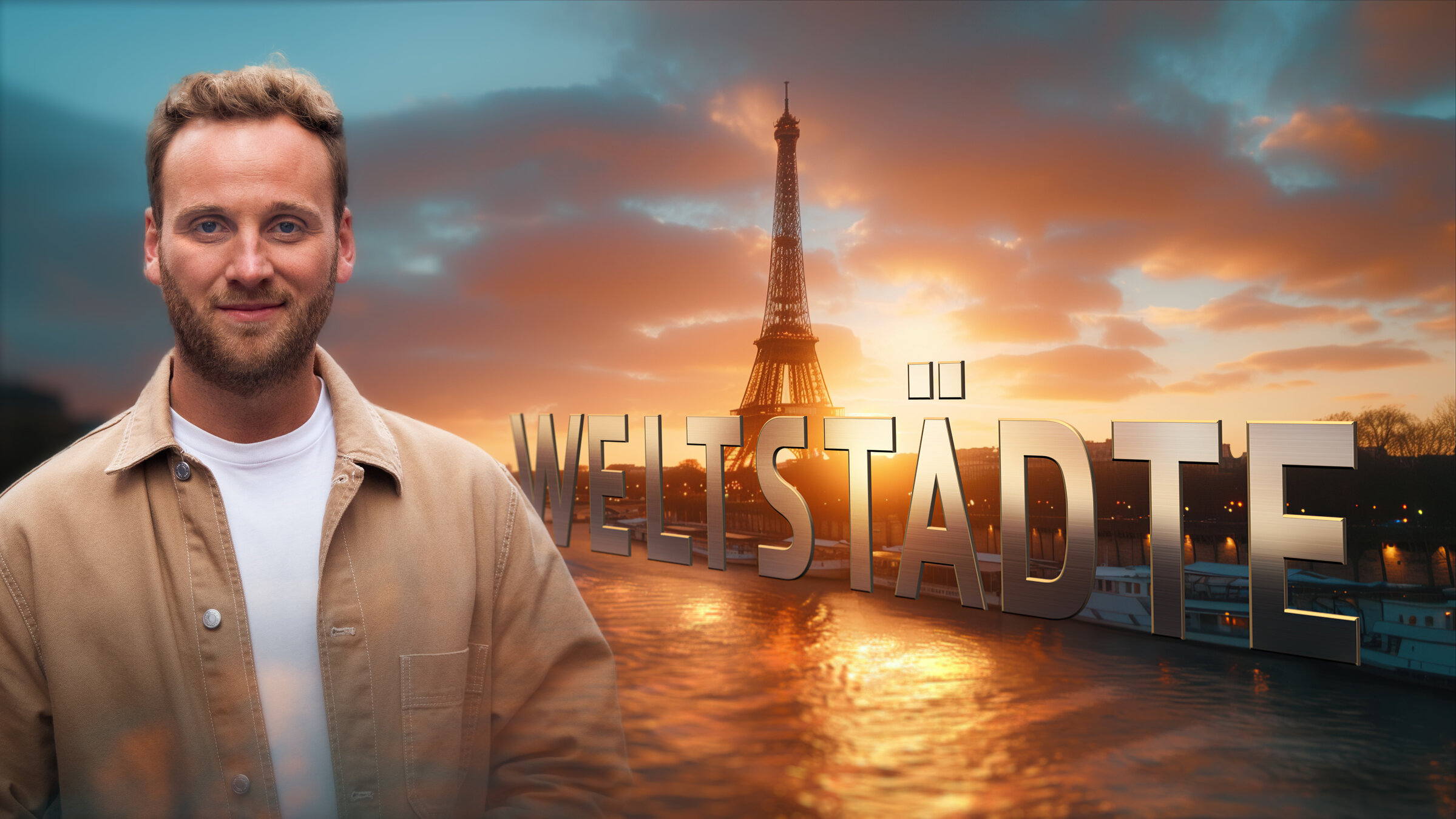 "Terra X: Weltstädte - Paris": Montage: Das Foto von Moderator Leon Windscheid liegt vor der abendlichen Silhouette vor Paris. Neben ihm liegt der Schriftzug "Weltstädte".