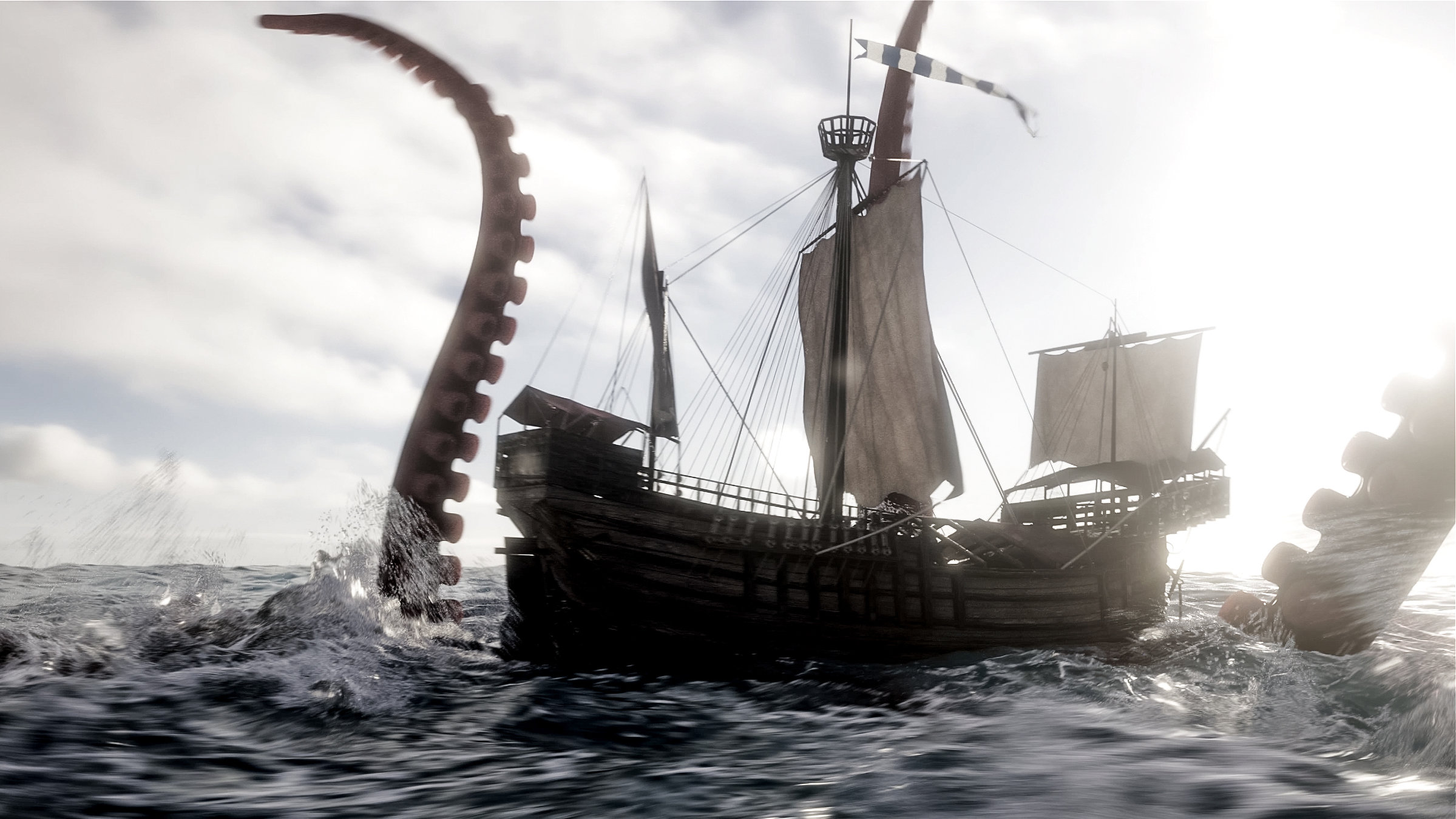 "Terra X: Mythos Nordsee - Goldene Zeiten, Piraten und der Blanke Hans": Eine Riesenkrake schwimmt um ein Schiff.