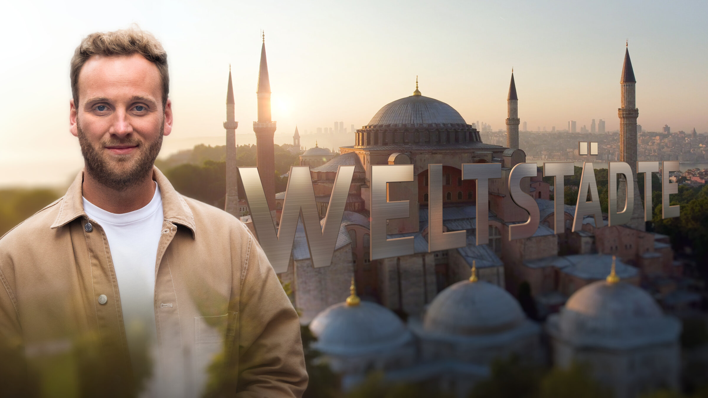 "Terra X: Weltstädte - Istanbul": Montage: Das Foto des Psychologen Leon Windscheid ist vor der Skyline von Istanbul, über der der Schriftzug "Weltstädte" liegt.