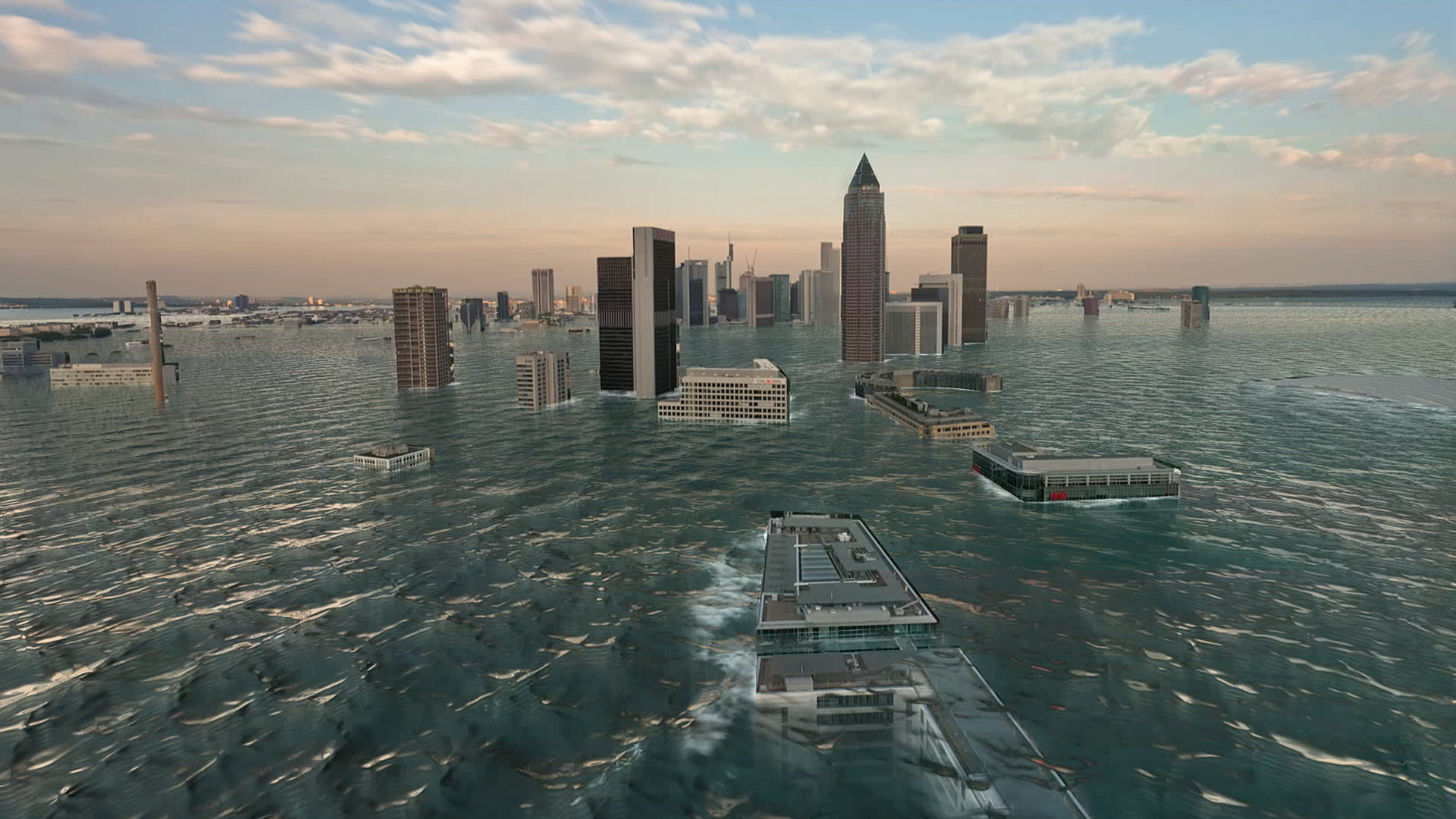"Die glorreichen 10 - Die größten Wendepunkte der deutschen Geschichte": CGI: Frankfurt am Main versinkt im Wasser. Diverse typische Frankfurter Hochhäuser u.a. der Messetrum immer kleiner werdend im Hintergrund.