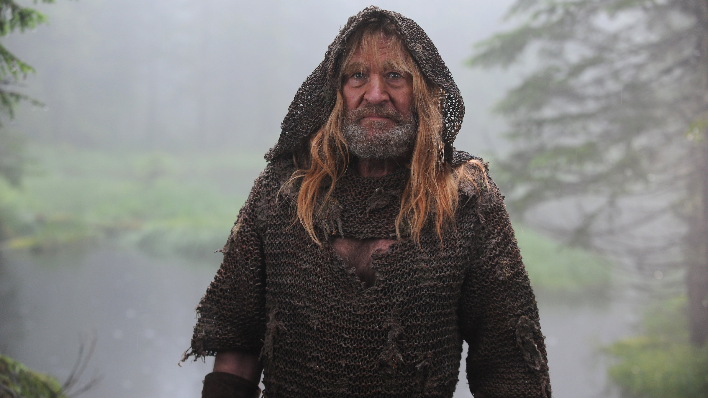 "Der Eisenhans": Vor dem Hintergrund eines Waldsees, der in eine Wiese ausläuft, steht der Eisenhans (Michael Mendl). Er trägt Bart, eine weite Kapuze über dem Kopf, hat lange, blonde Haare und trägt ein schmutzig-braun wirkendes Gewand.