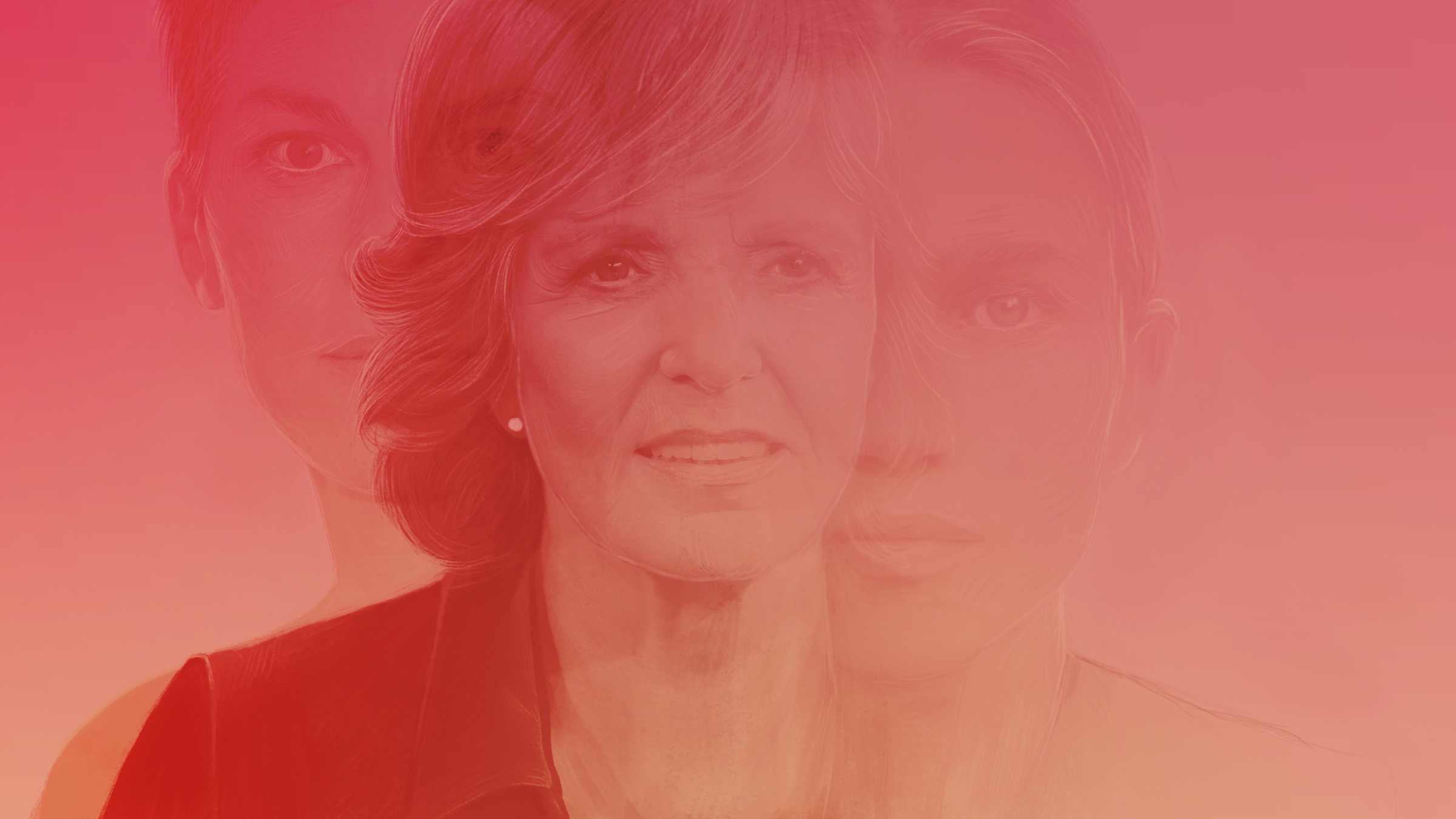 "Unsichtbar? - Schauspielerinnen ab 50": Illustration in Rottönen von drei Frauengesichtern unterschiedlichen Alters.