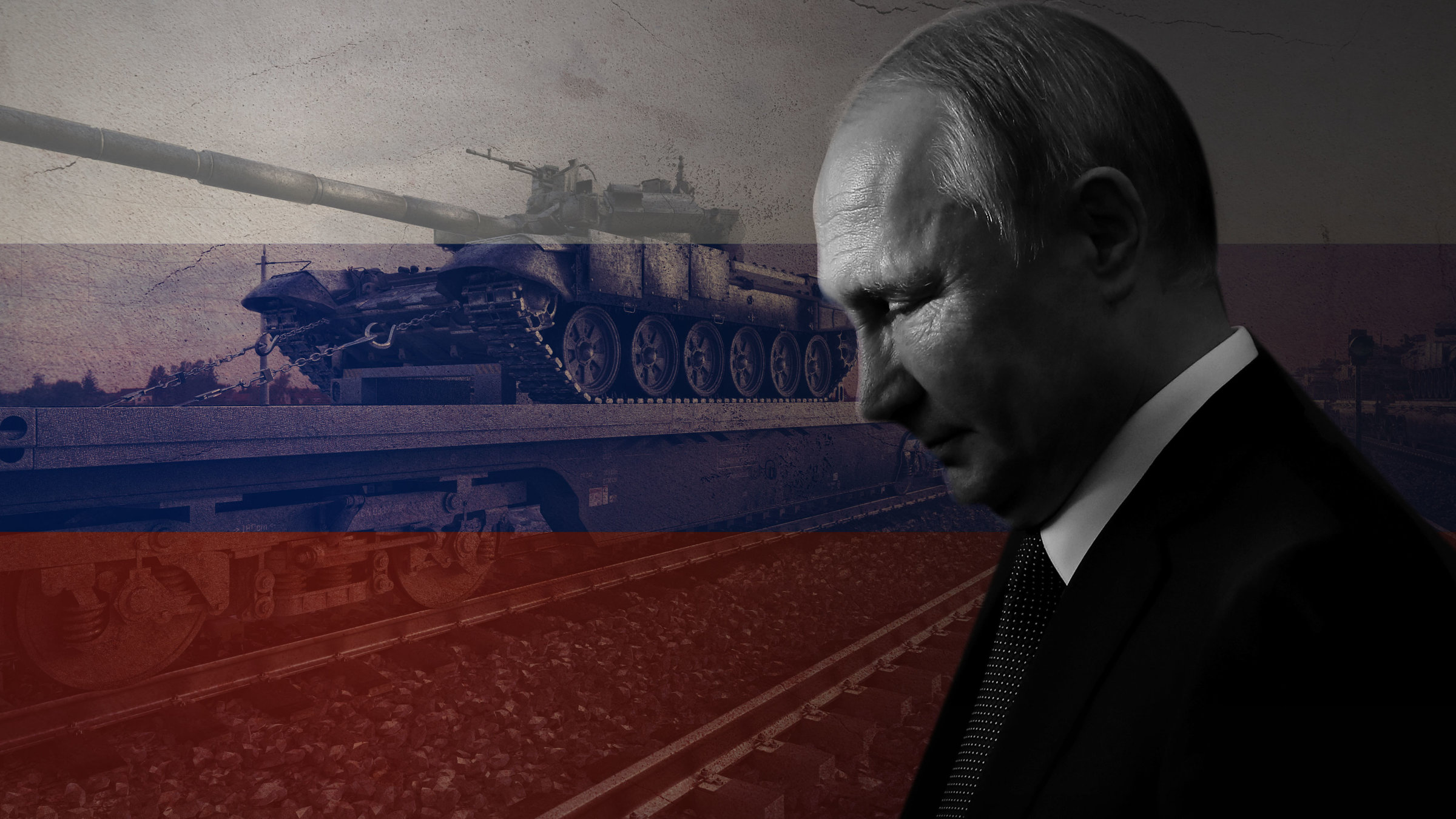 "ZDF-History: Russlands Kriege": Schwarz-Weiß-Aufnahme von Wladimir Putin im Profil, im Hintergrund ein colorierter Panzer.