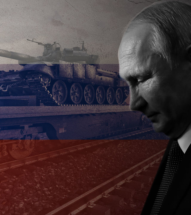 "ZDF-History: Russlands Kriege": Schwarz-Weiß-Aufnahme von Wladimir Putin im Profil, im Hintergrund ein colorierter Panzer.