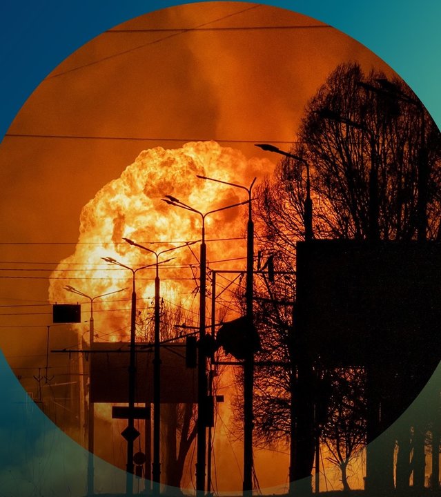 "planet e.: Umwelt unter Beschuss - Wie der Krieg die Ukraine zerstört“: Explosion einer Tankstelle nach russischen Angriffen in der Stadt Charkiw.