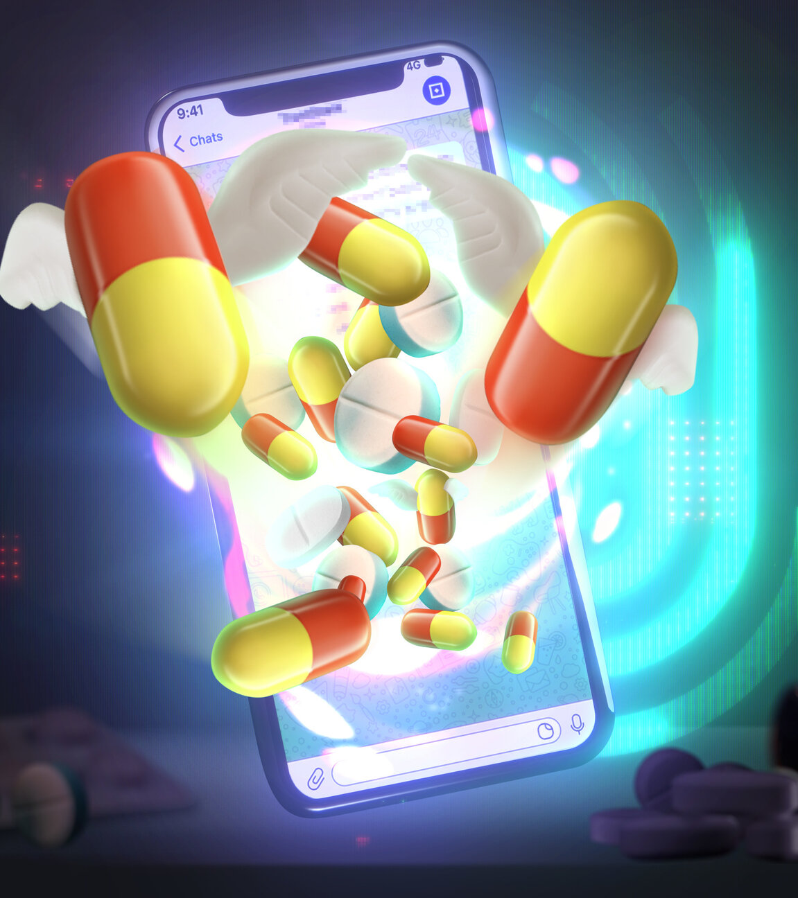 "Die Spur: Benzos, Tilidin, Oxys – Jugend im Rausch": Montage: Im Vordergrund fliegen Tabletten und Pillen aus einem Smartphone. An der Seite liegen einzelne Tabletten und eine umgestoßenes Medikamentenfläschchen. Im Hintergrund leuchtet das Sendungslogo.