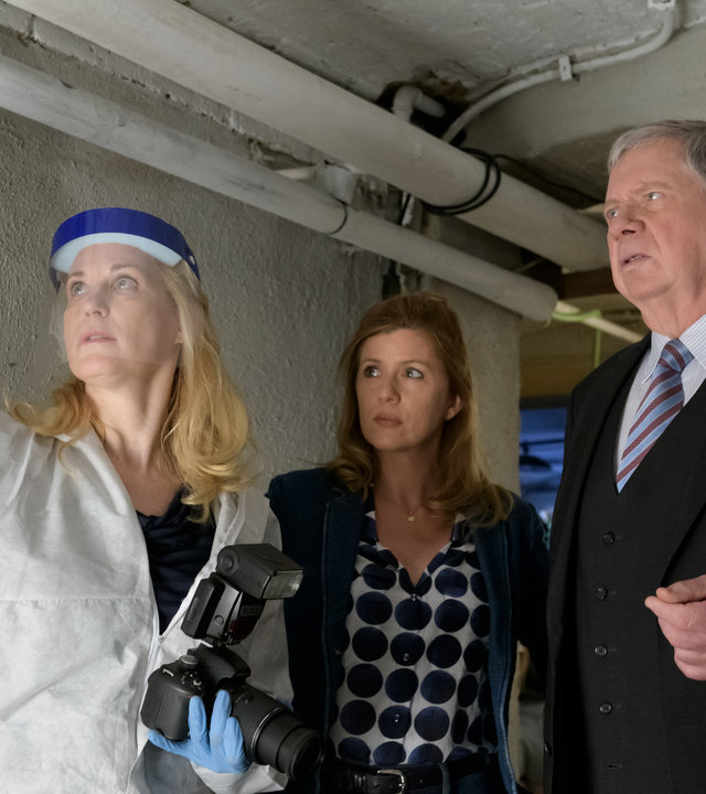 "Der Staatsanwalt - Schlag auf Schlag": Dr. Judith Engel (Astrid Posner) steht in einem Keller und greift nach einer defekten Elektroinstallation. Neben ihr stehen Hauptkommissarin Kerstin Klar (Fiona Coors) und Oberstaatsanwalt Bernd Reuther (Rainer Hunold) und blicken ebenfalls auf die defekte Leitung.