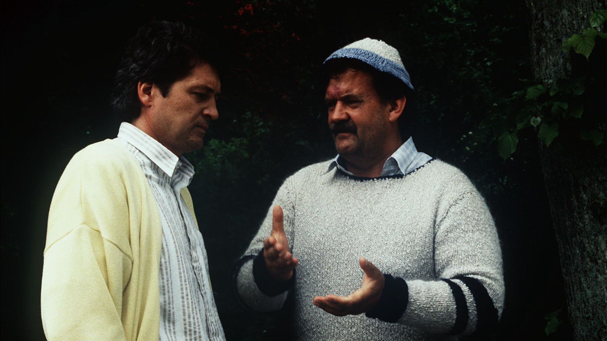 "Der Landarzt - Auf Herz und Niere": Hinnerksen (Gerhard Olschweski) und Dr. Mattiesen (Christian Quadflieg) stehen nebeneinander vor einer Hecke und unterhalten sich.