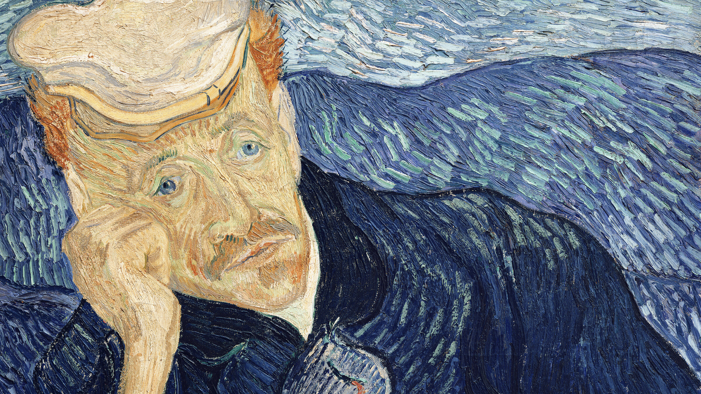 "Der verschwundene Van Gogh": Impressionistisches Gemälde, darauf ein Mann mit Baskenmütze  zu sehen, der sich auf seine rechte Hand stützt und nachdenklich ins Leere schaut.