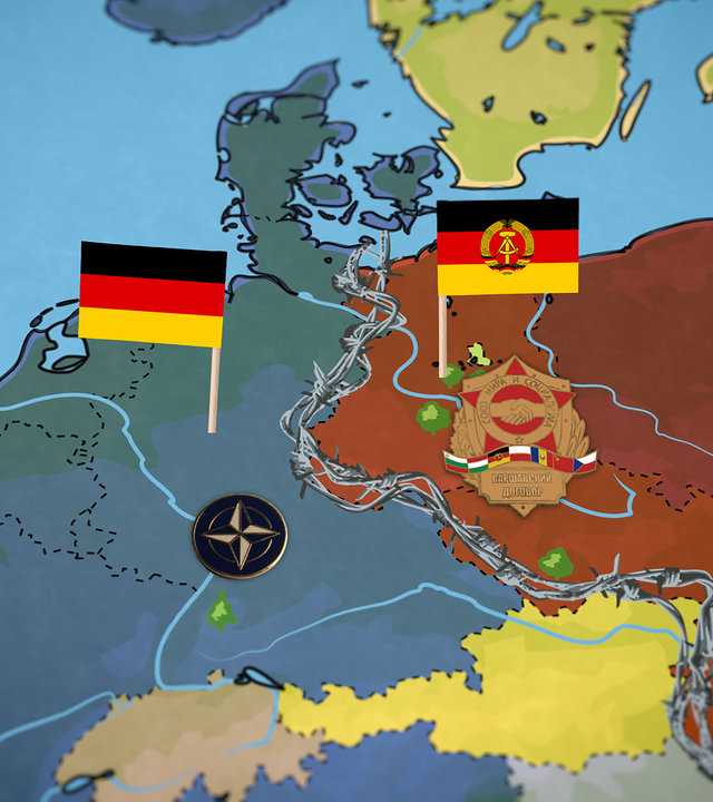 "Die glorreichen 10: Die größten Spalter der Geschichte": Eine animierte Landkarte Europas. Im Zentrum steht Deutschland nach dem zweiten Weltkrieg, wie es von den Siegermächten aufgeteilt wird.  Westdeutschland gehört zur NATO und Ostdeutschland zum Warschauer Pakt.