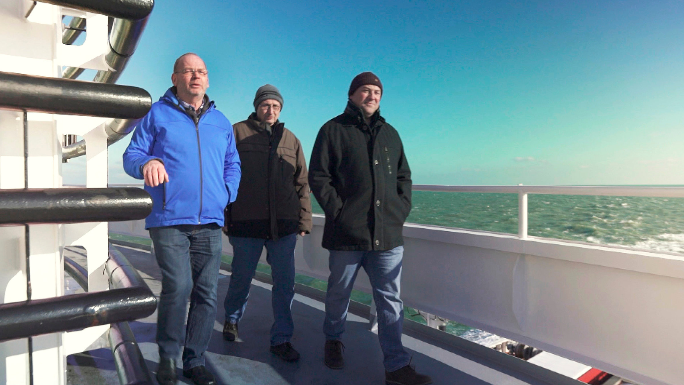 "Drei Mann und 1000 Pfeifen": Christoph Ingenbrand, Wolfgang Senz und Kai-Uwe Marx von links auf der Überfahrt nach Dover.