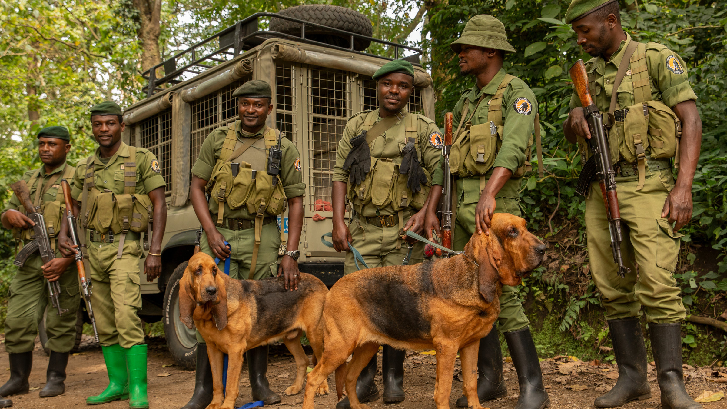 "plan b: Zum Schutz der Tiere - Im Einsatz für bedrohte Arten": Die Hundestaffel steht im Virunga-Nationalpark mit zwei Hunden vor einem Geländewagen.
