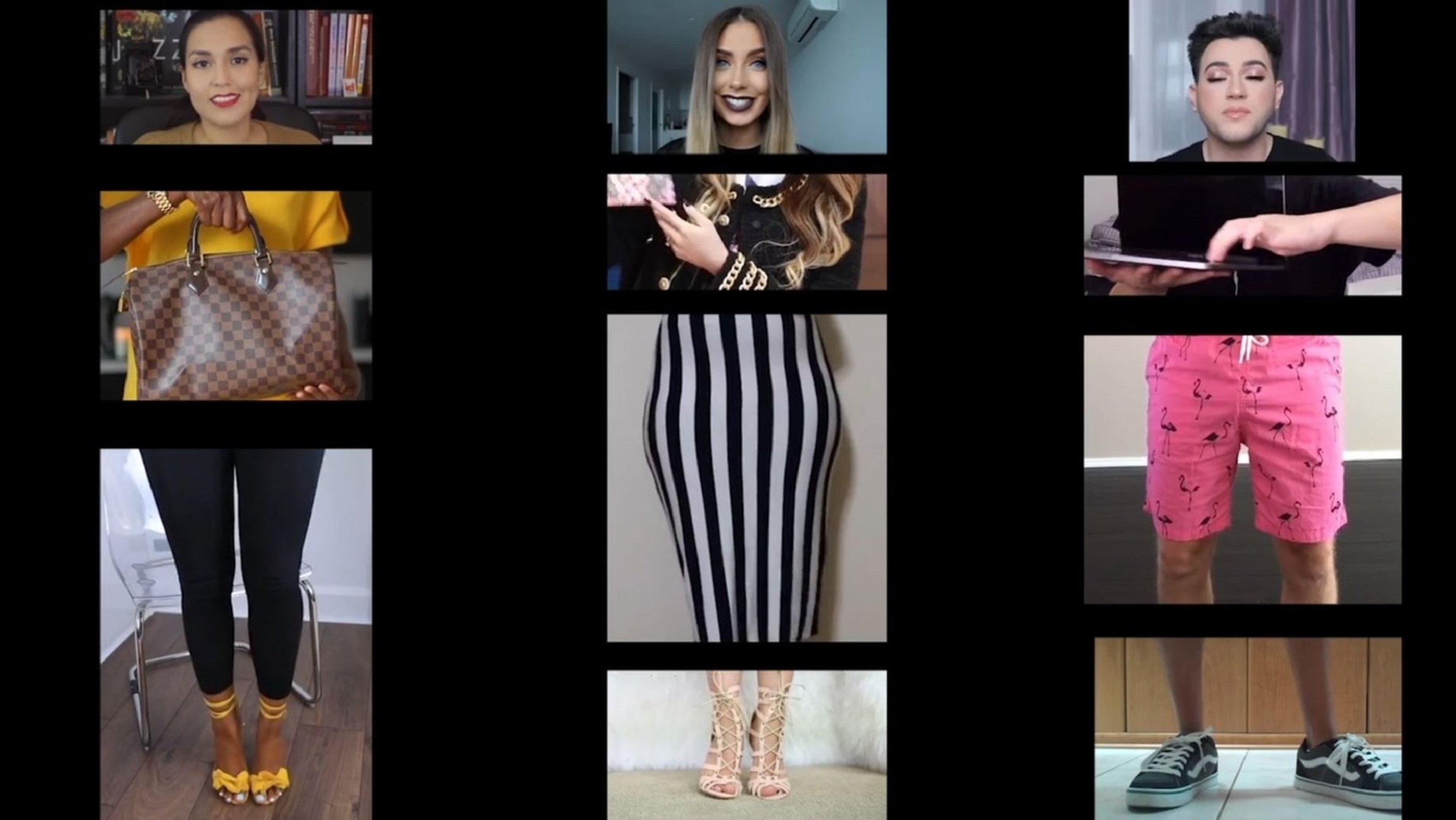 "FragMANts": Drei Social-Media-Influencer preisen frontal in die Kamera verschiedene Produkte an. Ihre Körper werden vertikal fragmentiert auf drei oder vier Bildschirmfeldern dargestellt. Links: Eine braunhäutige Frau mit einer Luxushandtasche. Mitte: Eine Frau mit langen blonden Haaren hält ein Tablett vor sich. Rechts: Ein mädchenhaft geschminkter Mann hält mit geschlossenen Augen ein Edel-Notebook.