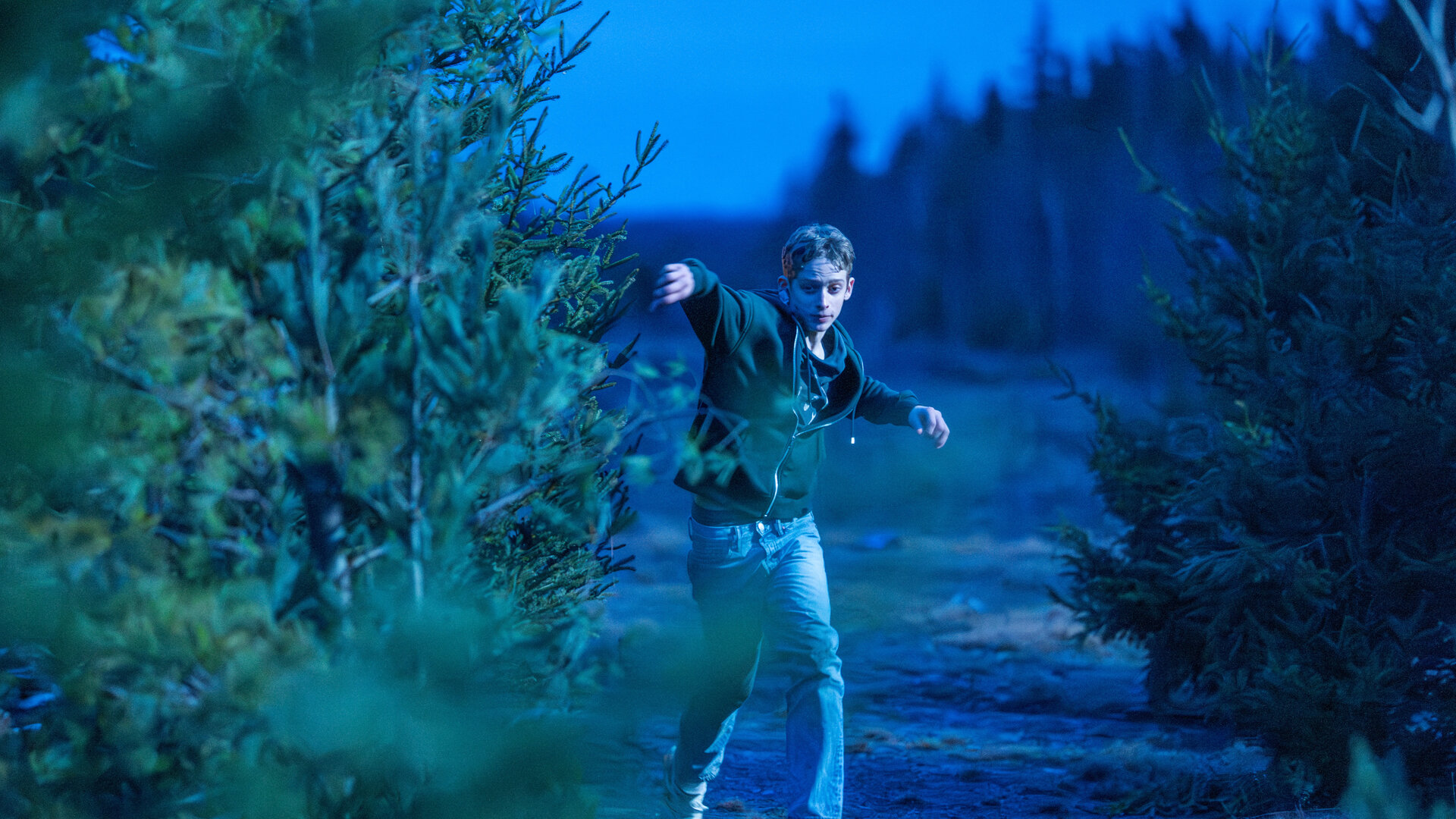 "Das Institut - Die Flucht": Luke (Joe Freeman) läuft in der Dämmerung durch einen Wald.