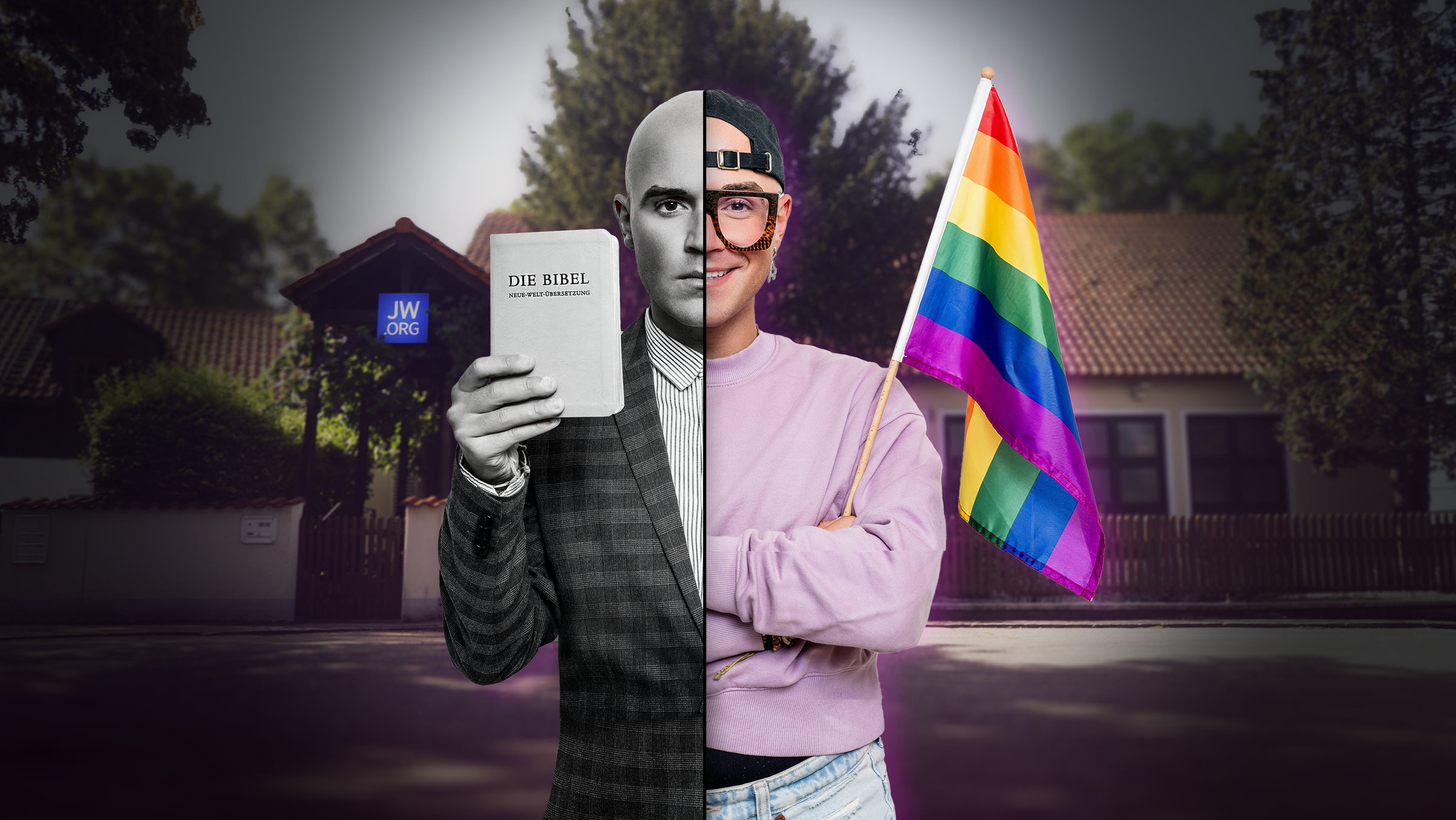 "37°Leben - Austritt: Ich war Zeuge Jehovas": Splitscreen links - Noah als Zeuge Jehovas; Splitscreen rechts - Noah heute.