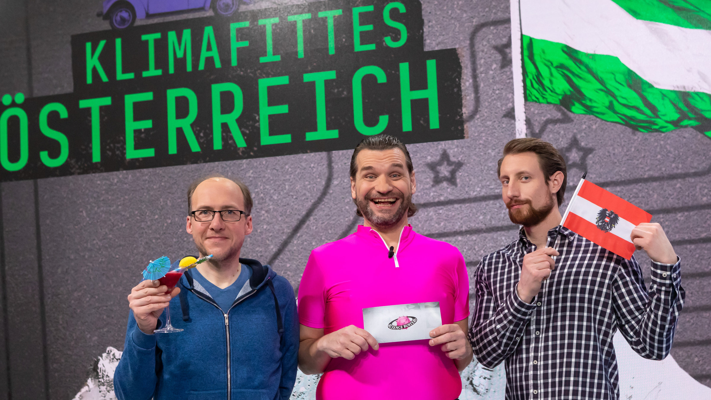 "Science Busters - Wer nichts weiß, muss alles glauben - Klimafittes Österreich": Dr. Florian Freistetter (Astronom), Martin Puntigam, Martin Moder (PHD., Molekularbiologe).