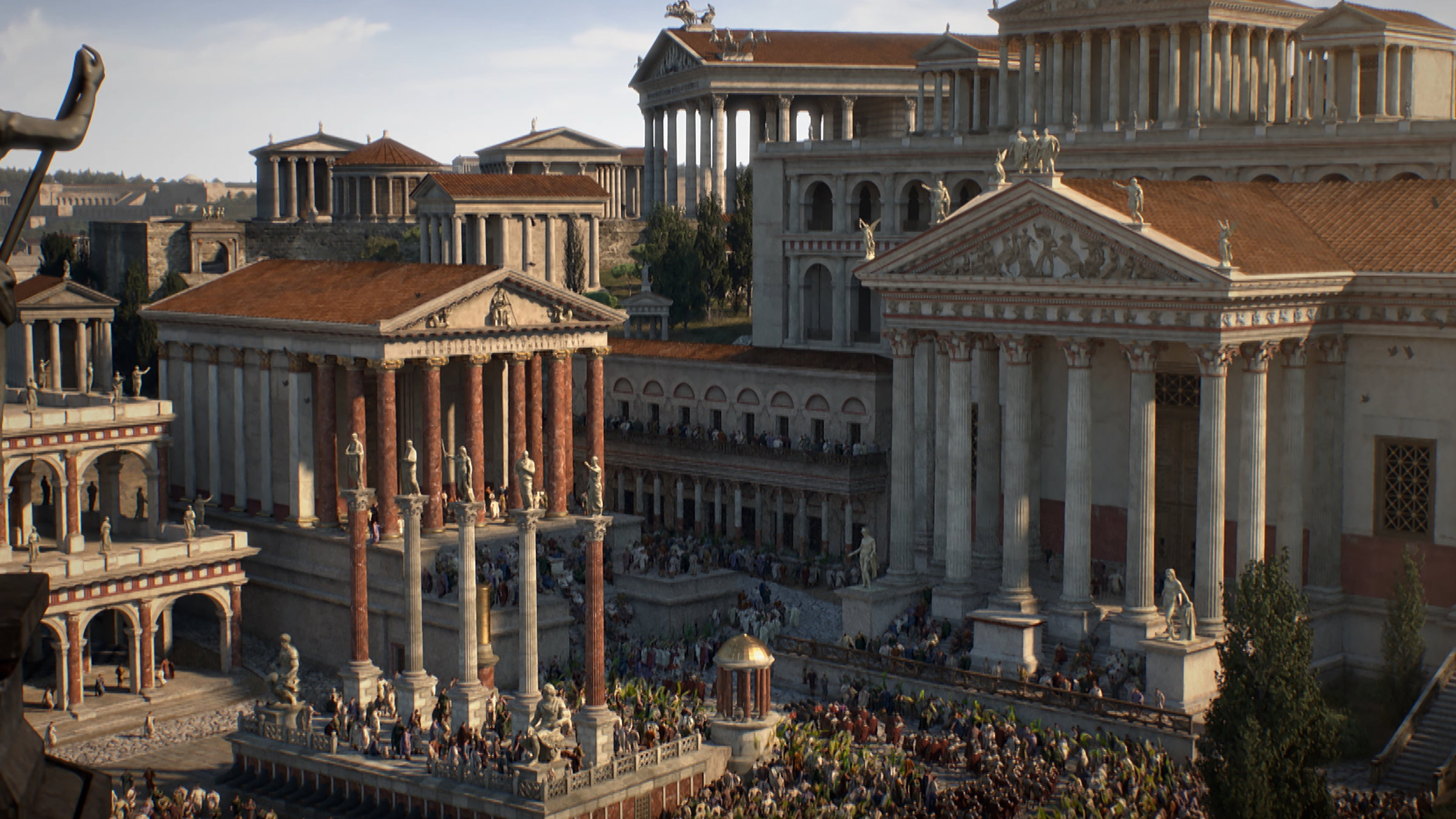 "Die glorreichen 10 - Die unwiderstehlichsten Städte der Geschichte": Ein computeranimiertes Bild des antiken Roms. In einer Draufsicht ist der Kapitolshügel zu sehen. Auf diesem stehen zahlreiche große Tempel mit riesigen Säulenfassaden.